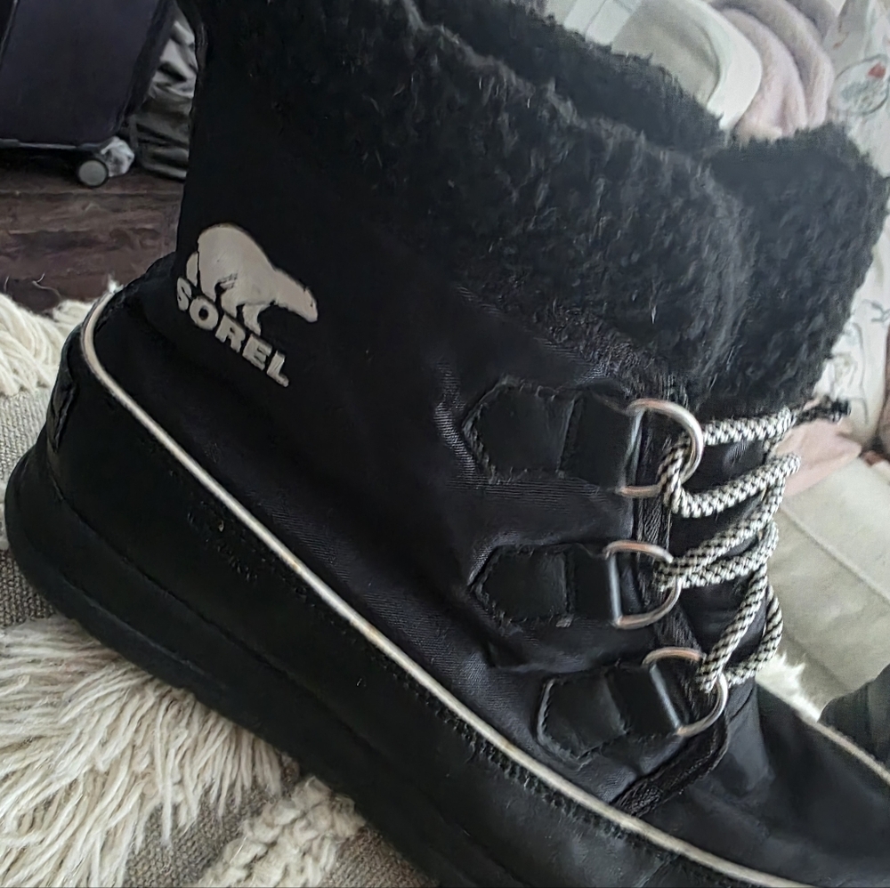 Sorel Black and White Explorer Carnival Winter Boots